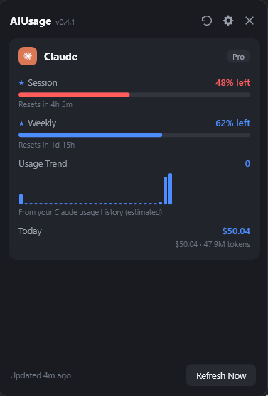 AIUsage.NET tray dashboard showing live Claude and Codex usage, version 0.4.1